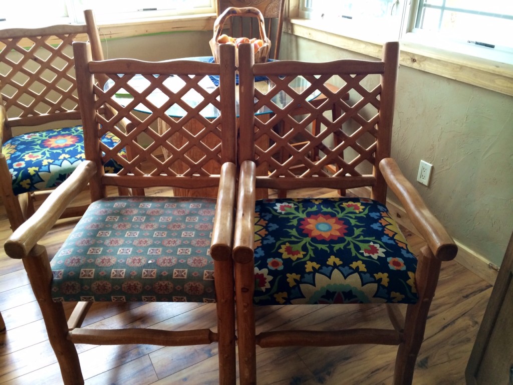 Becca gave the chairs a spicy little makeover. She also made a matching table runner and cushion for the bench.